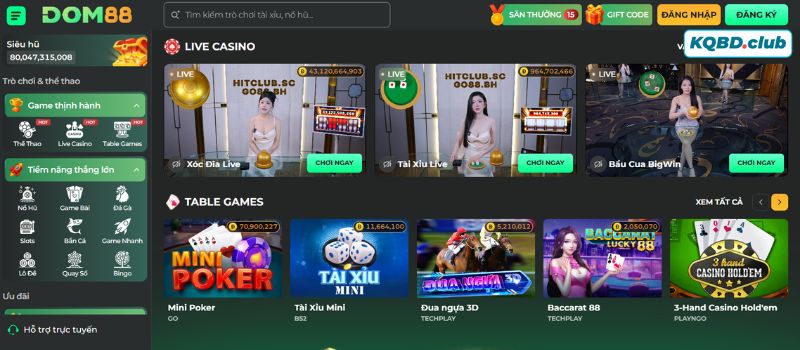 Sảnh casino của DOM88 được tái hiện chuẩn không gian cá cược của sòng bài quốc tế